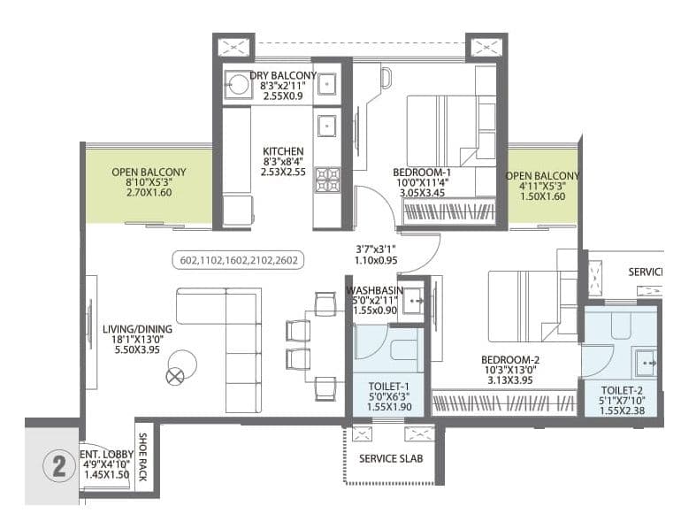 Pharande L Axis Unit plan - 819 sq.ft.