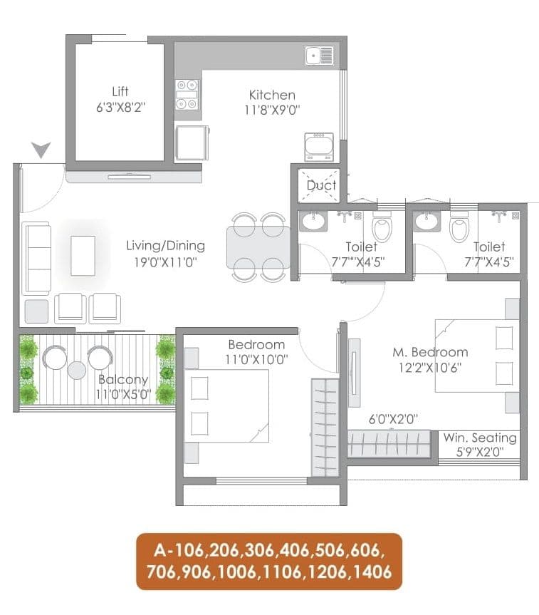 Ar Mirador Unit plan - 730 sq.ft.