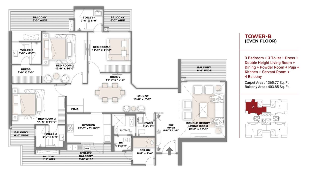 Samisha Ambrosia Unit plan - 1365 sq.ft.