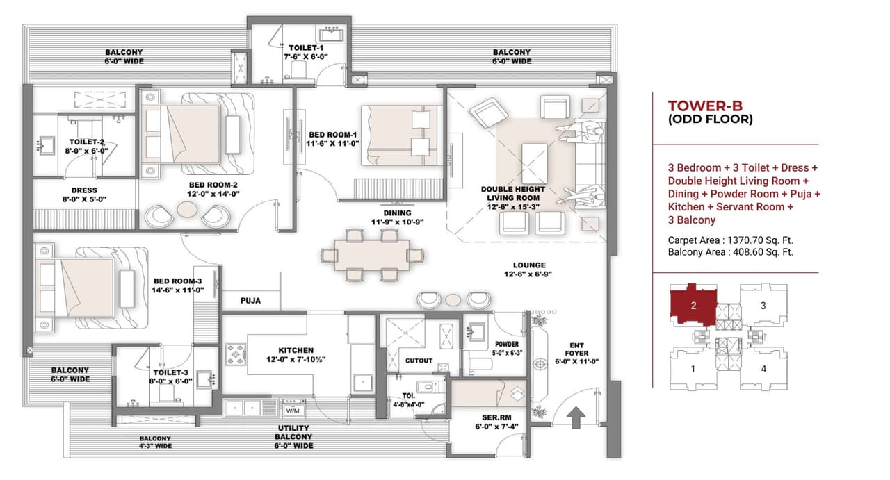 Samisha Ambrosia Unit plan - 1370 sq.ft.
