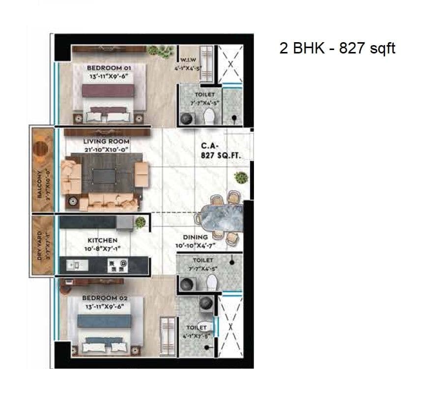 Shreeji Skyrise Unit plan - 827 sq.ft.