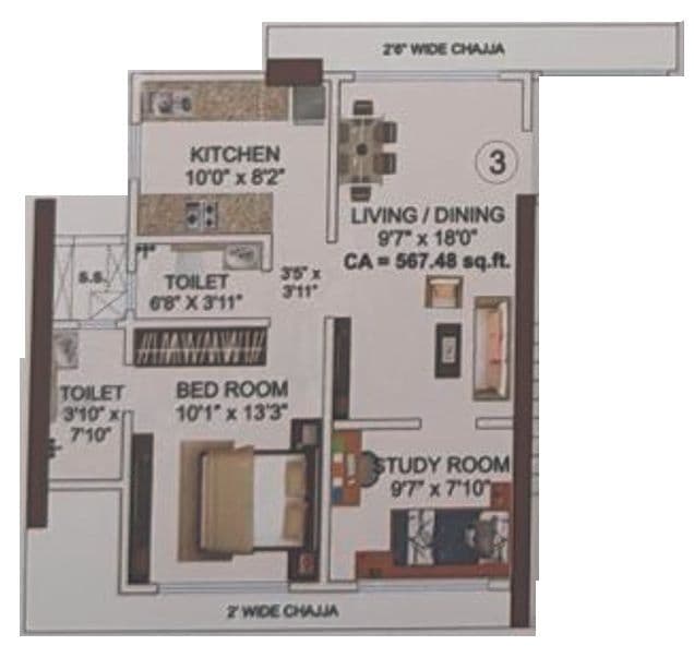 Neumec Shreeji Towers Unit plan - 568 sq.ft.