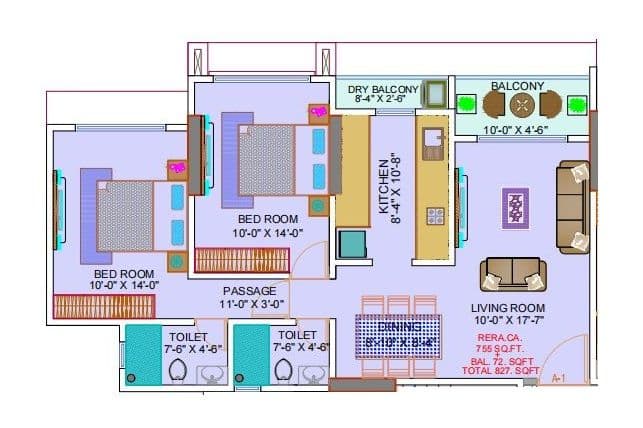 Nicco Vanashri Unit plan - 826 sq.ft.