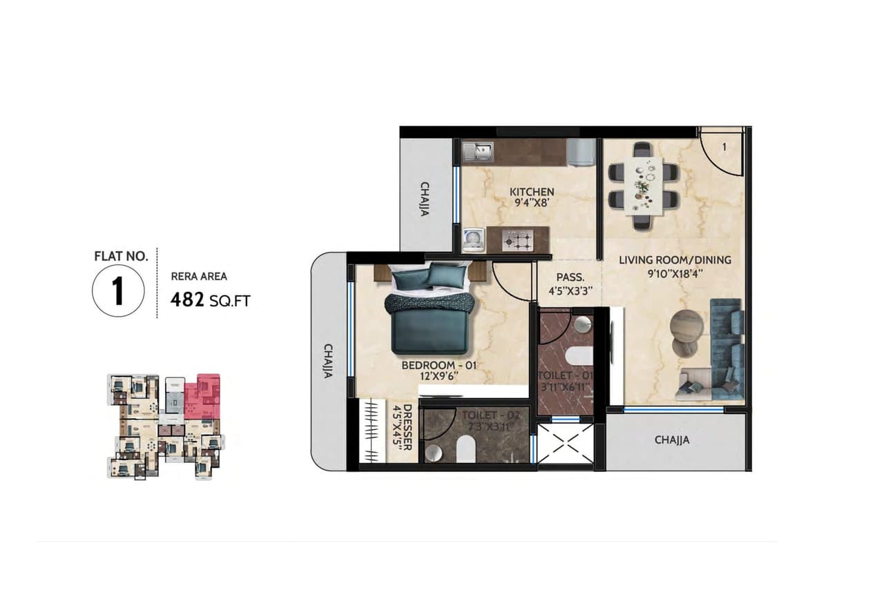 Sanmati Hari Smruti Unit plan - 482 sq.ft.