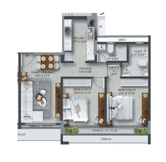 Unit plan - 727 sq.ft.