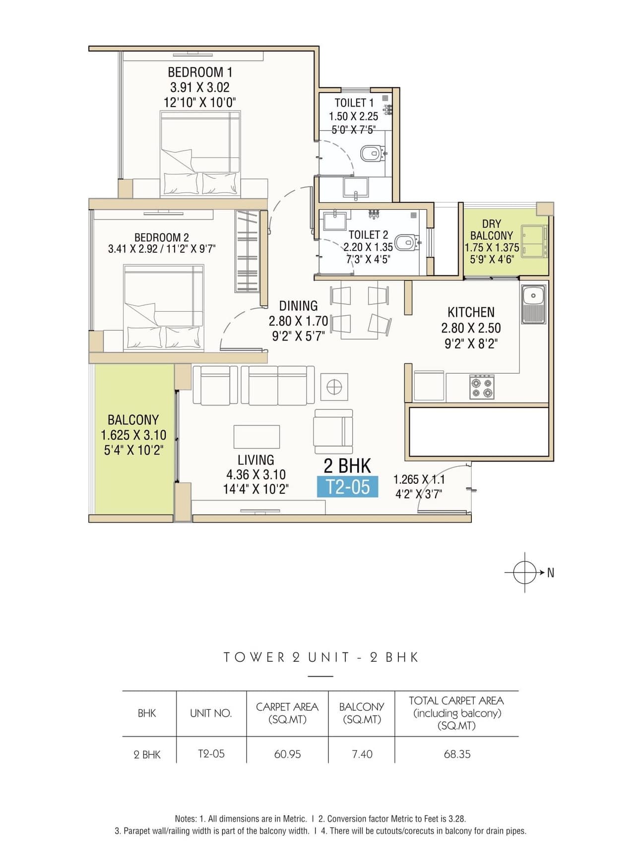 Bramhacorp Hues Of Sky Unit plan - 736 sq.ft.