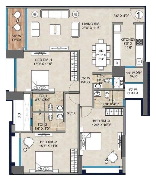 Bharat Aura Vistas Unit plan - 1360 sq.ft.
