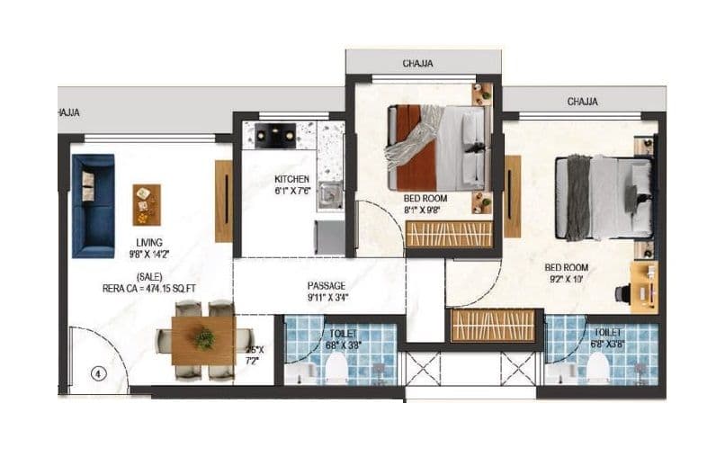 Vini Rose Blossom Unit plan - 474 sq.ft.