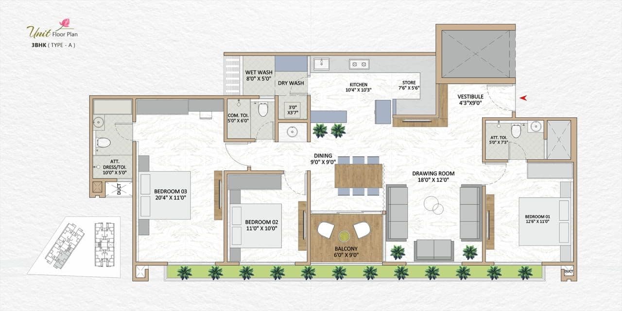 Rivanta Aurovile Unit plan - 1366 sq.ft.