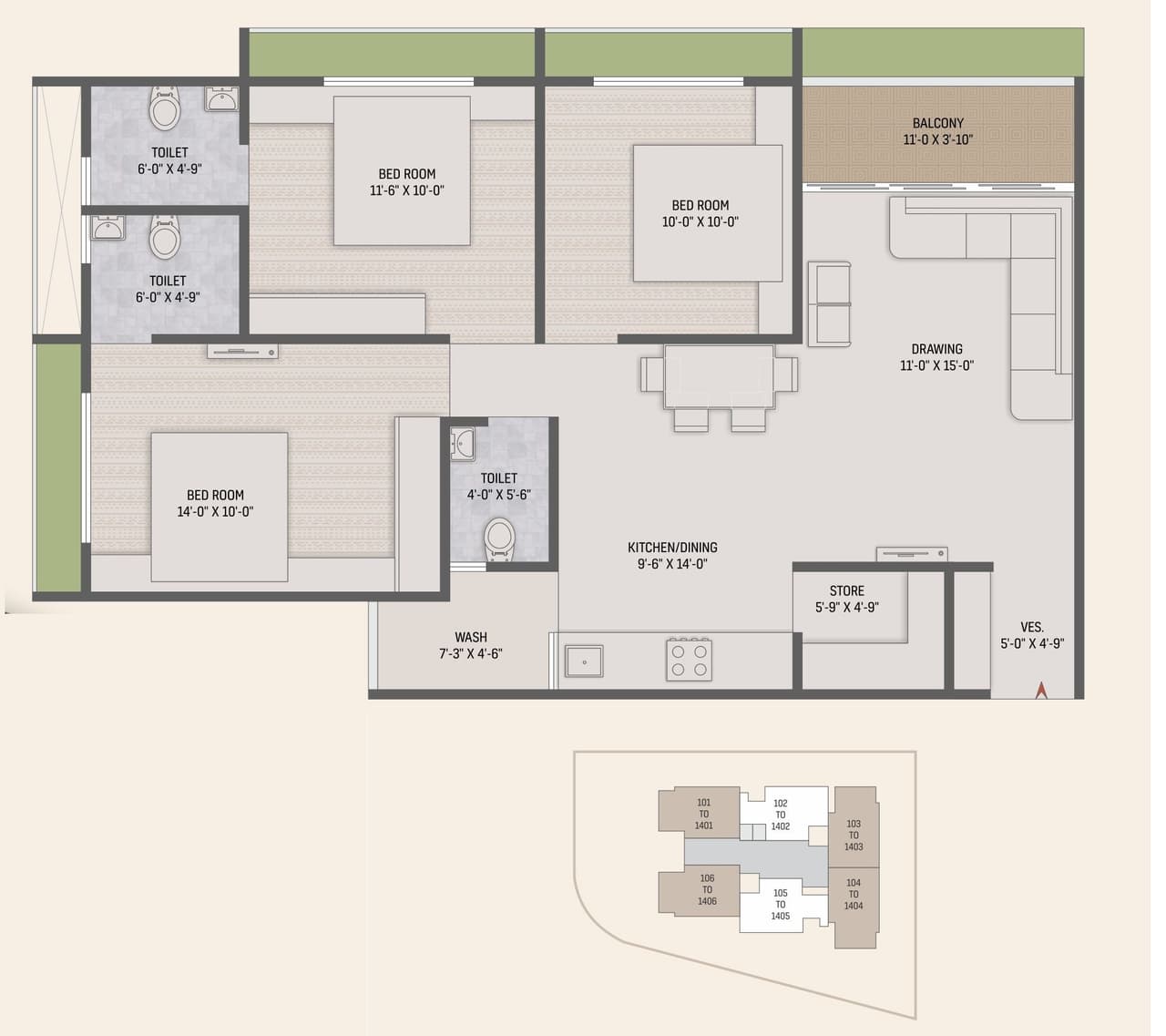 Rudra Heights Unit plan - 982 sq.ft.