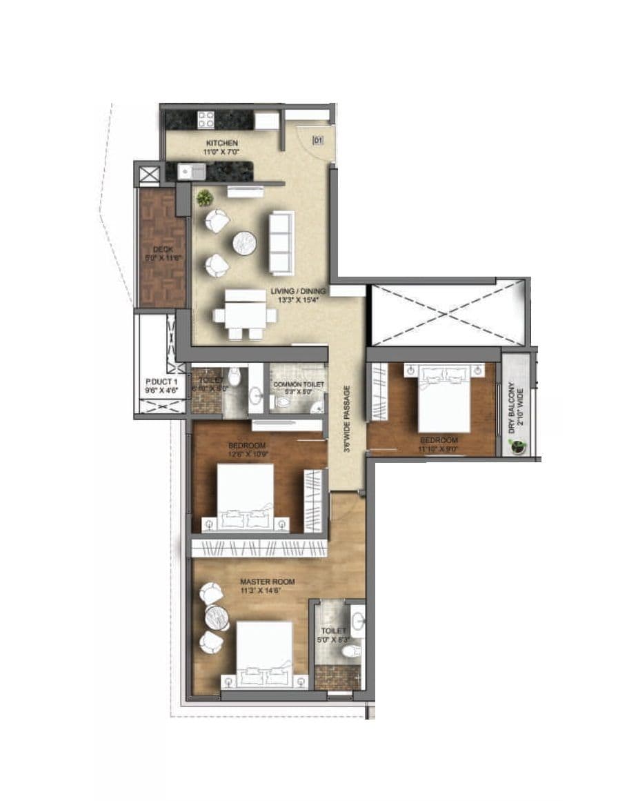 Moraj Opulence Unit plan - 1077 sq.ft.