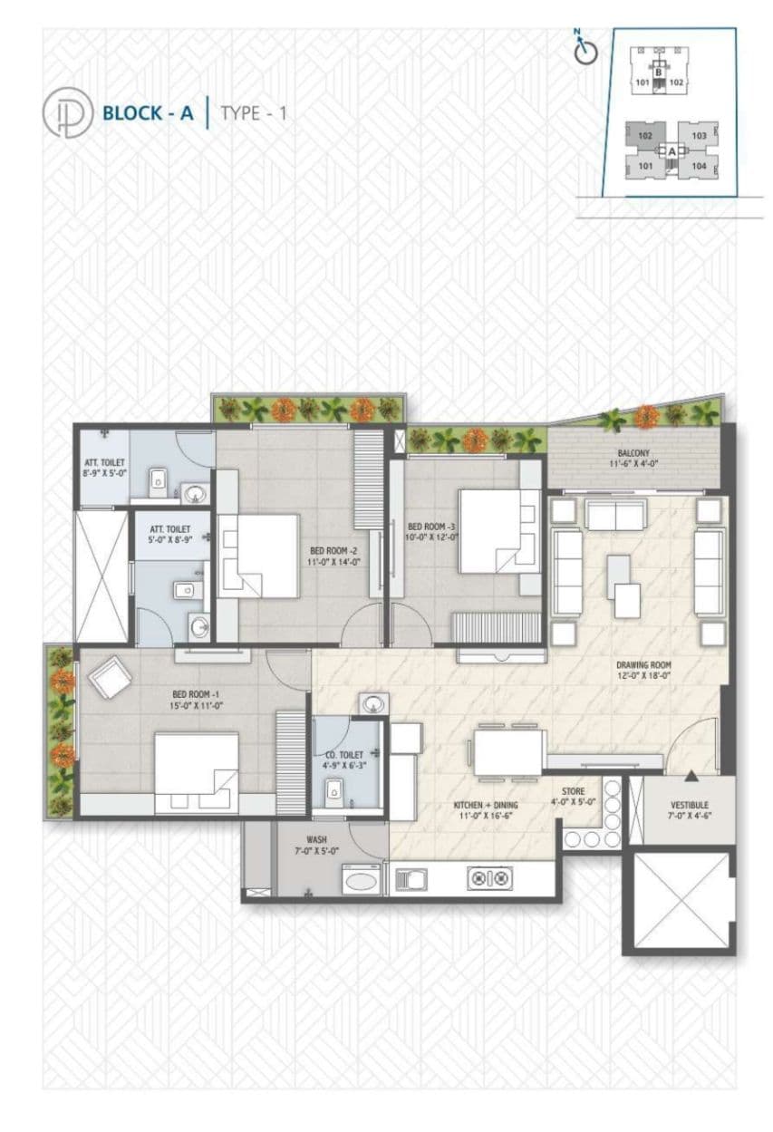 Dev Parisar Unit plan - 1339 sq.ft.