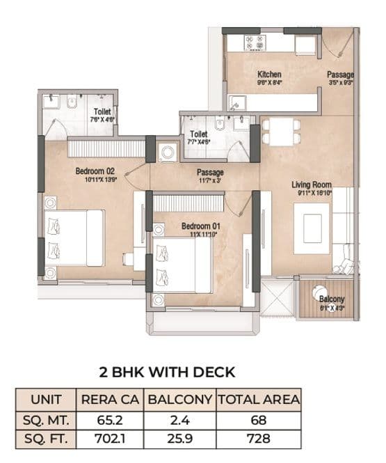Vascon Orchids Unit plan - 728 sq.ft.