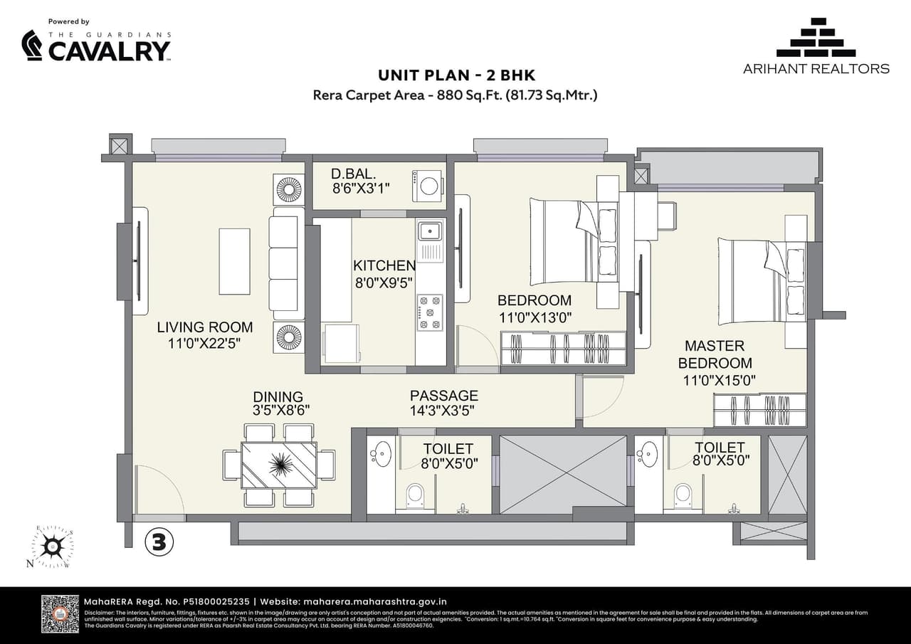 Arihant The X Ghatkopar Unit plan - 880 sq.ft.
