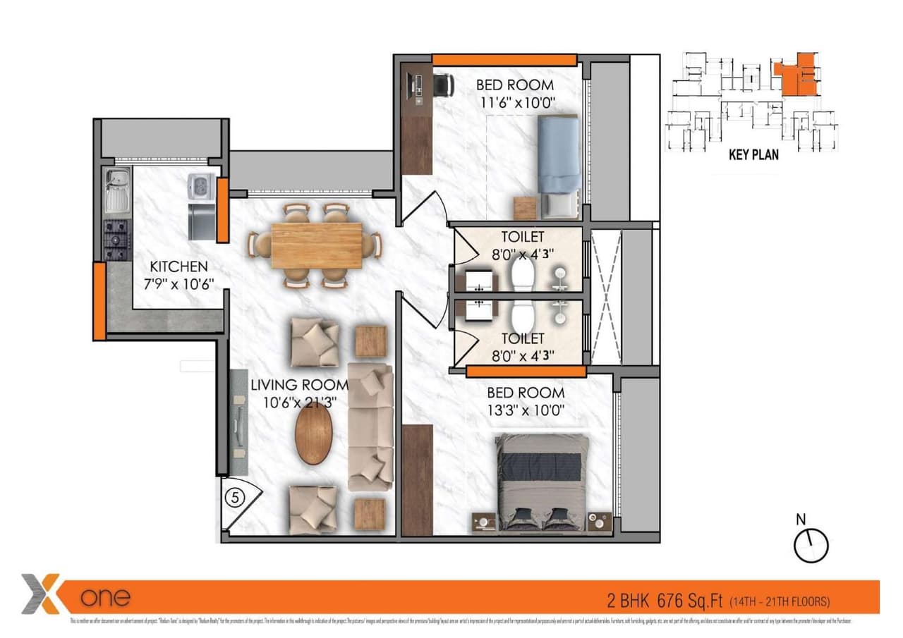 Rodium X one Unit plan - 676 sq.ft.