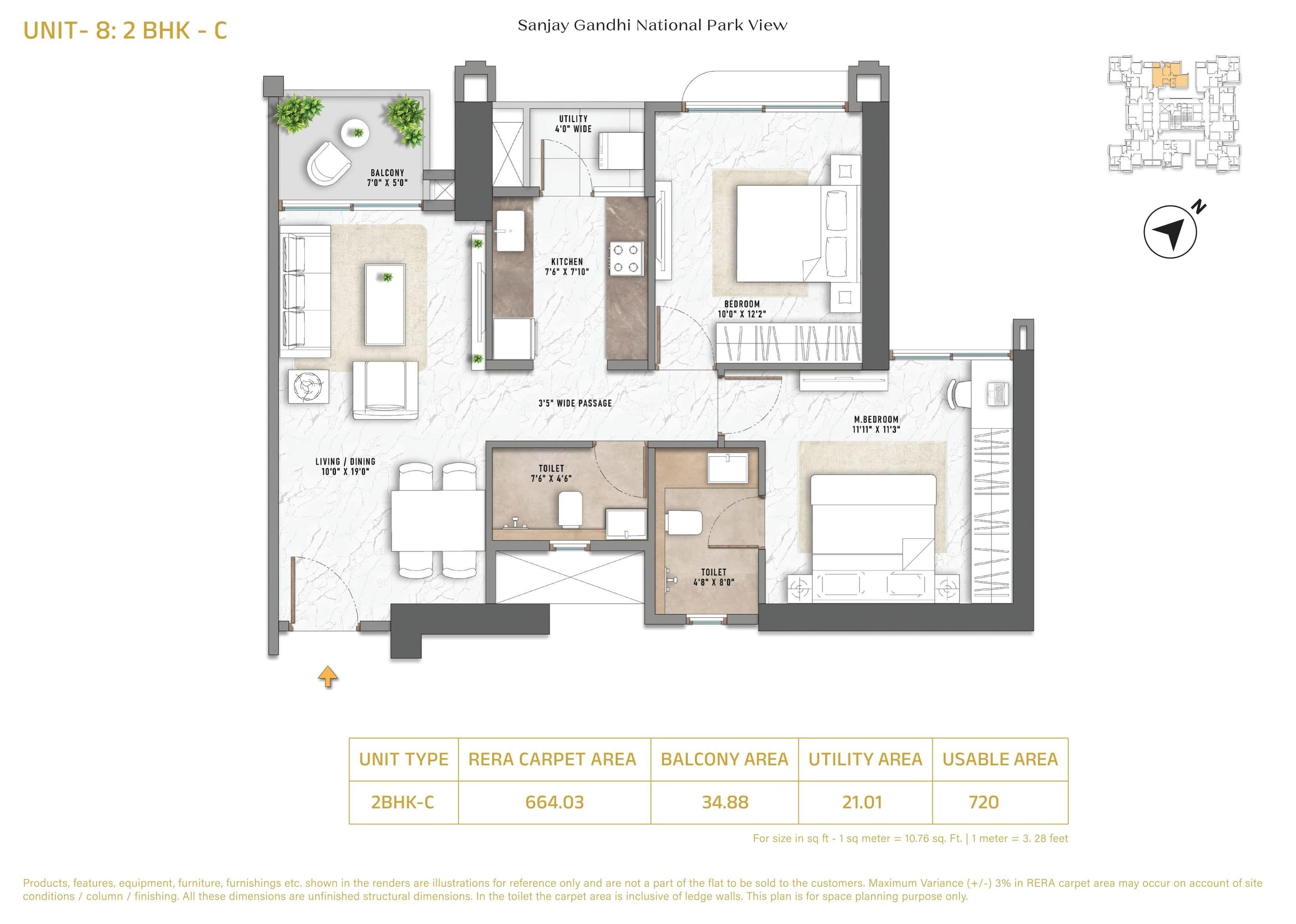 Purva Panorama Unit plan - 720 sq.ft.