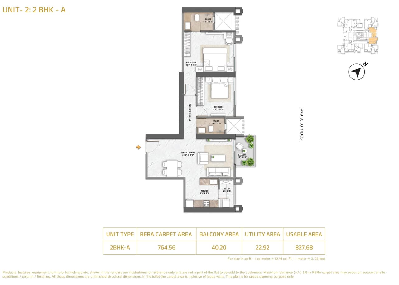 Purva Panorama Unit plan - 828 sq.ft.