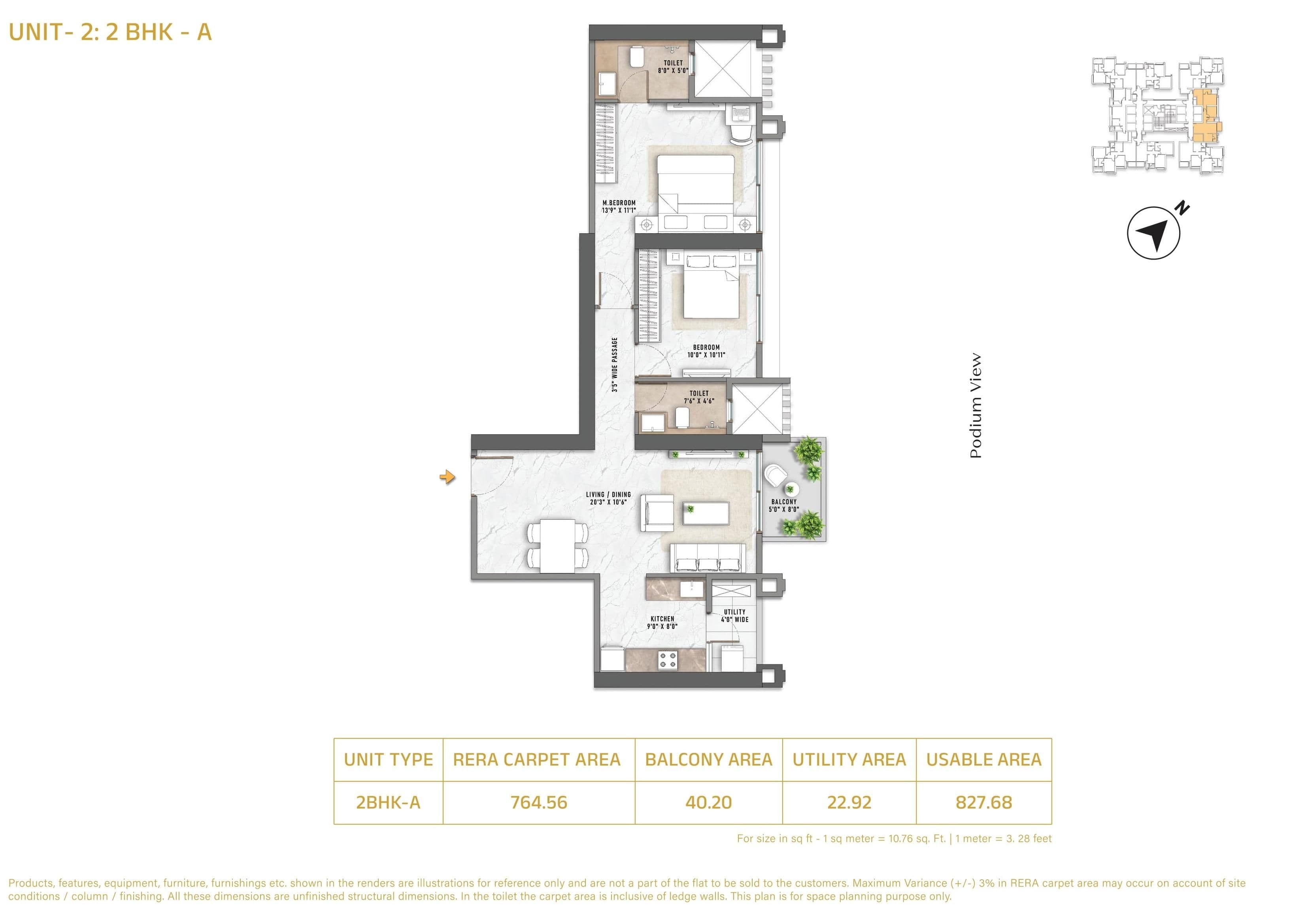 Purva Panorama Unit plan - 828 sq.ft.