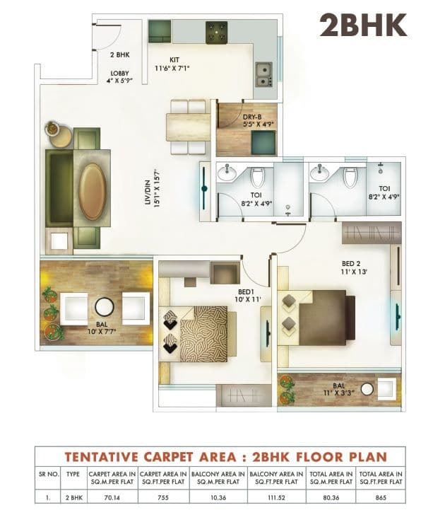 Yashvastu BT Kawade Unit plan - 865 sq.ft.