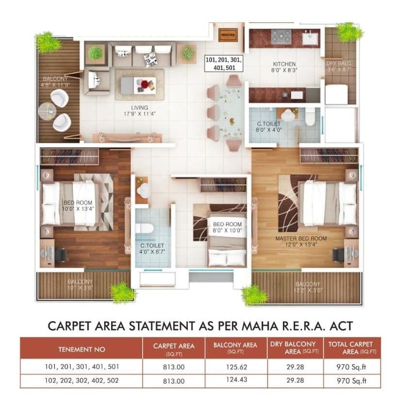 Virinchi Fortune Heights Unit plan - 970 sq.ft.