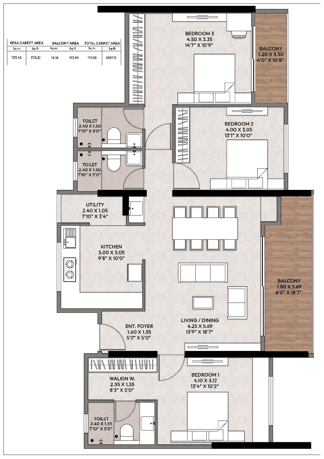 Vishnu Crown Unit plan - 1287 sq.ft.