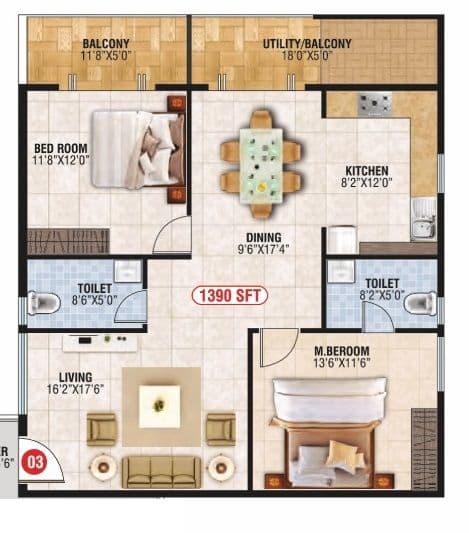 Bhoo Aabharana Unit plan - 973 sq.ft.