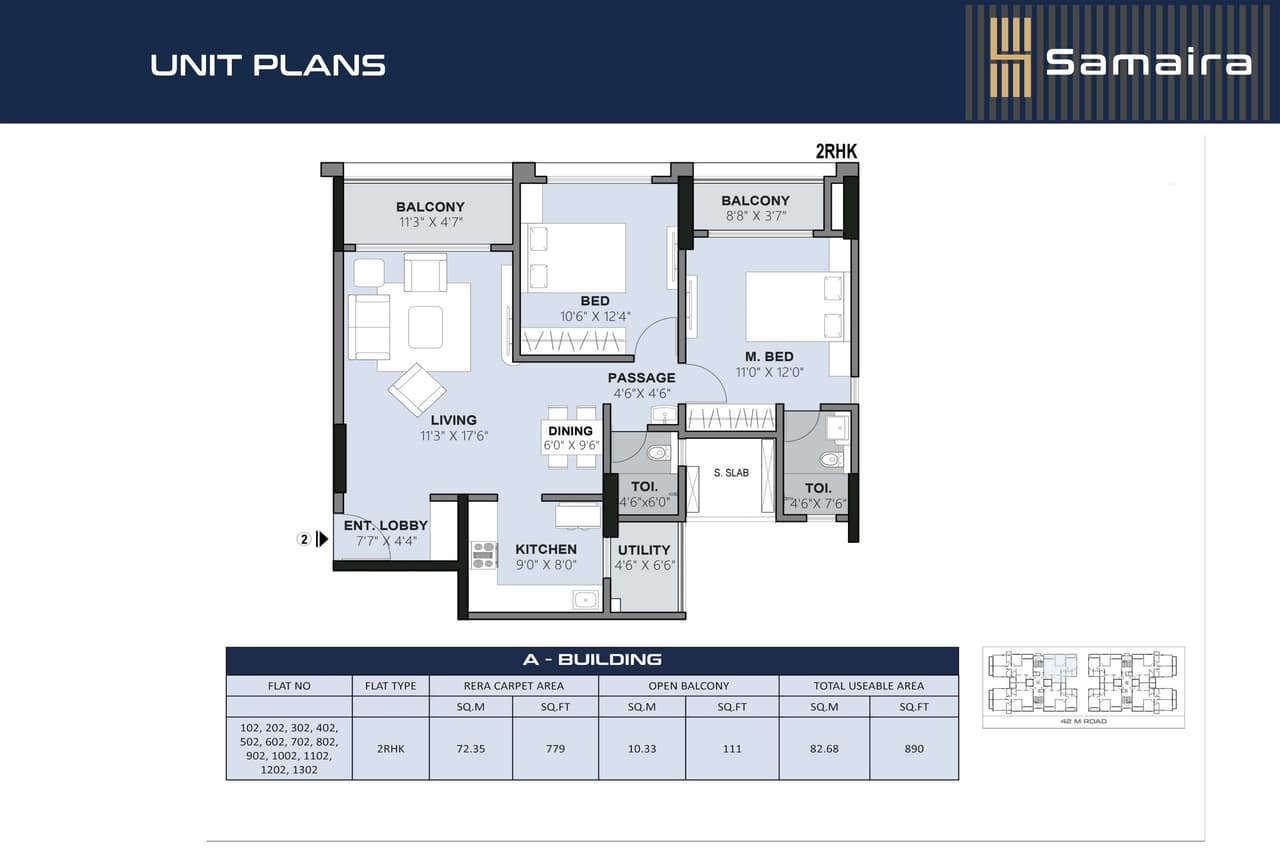 Siddhashila Samaira Unit plan - 890 sq.ft.