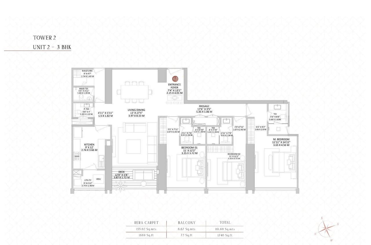 K Raheja Modern Vivarea Unit plan - 1740 sq.ft.