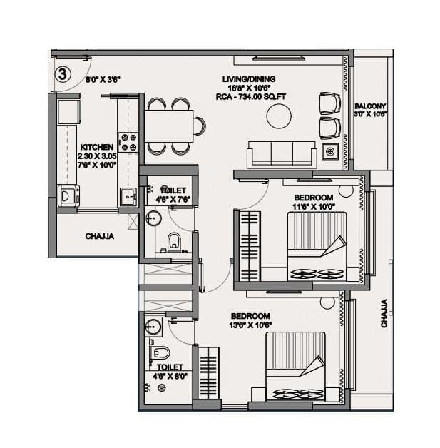 Disha Elysium Unit plan - 734 sq.ft.