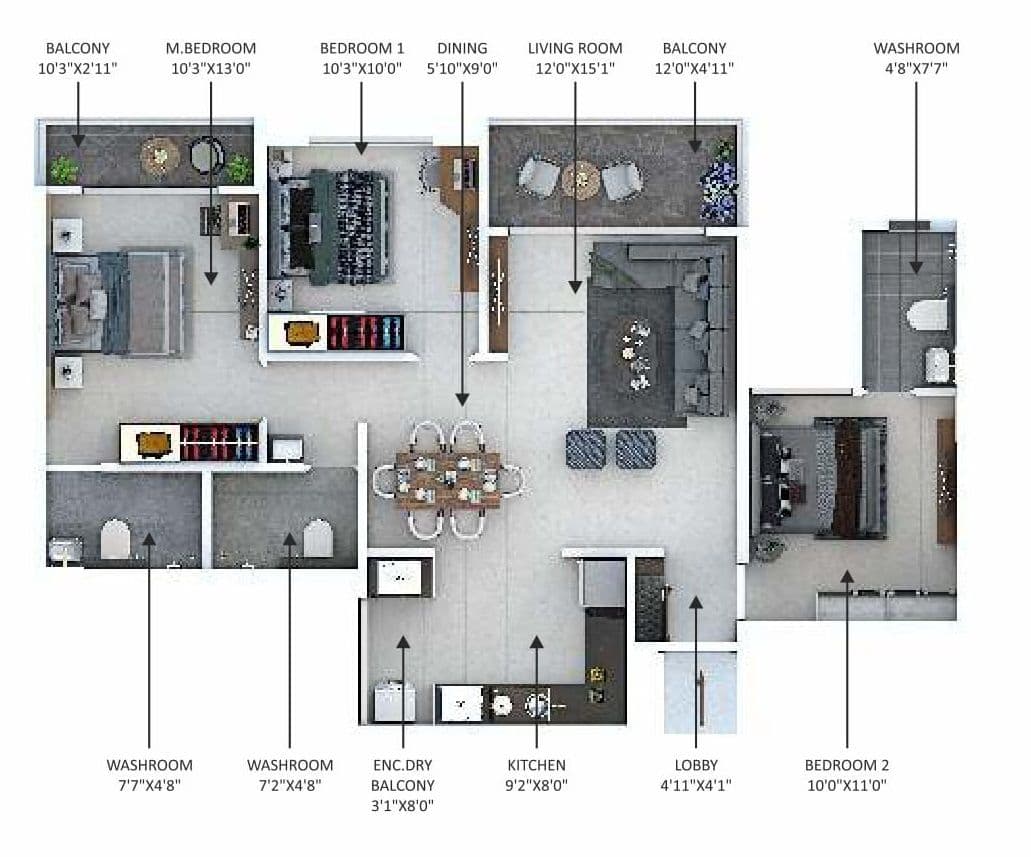 Sonigara 24 Sunshine Viva Unit plan - 969 sq.ft.