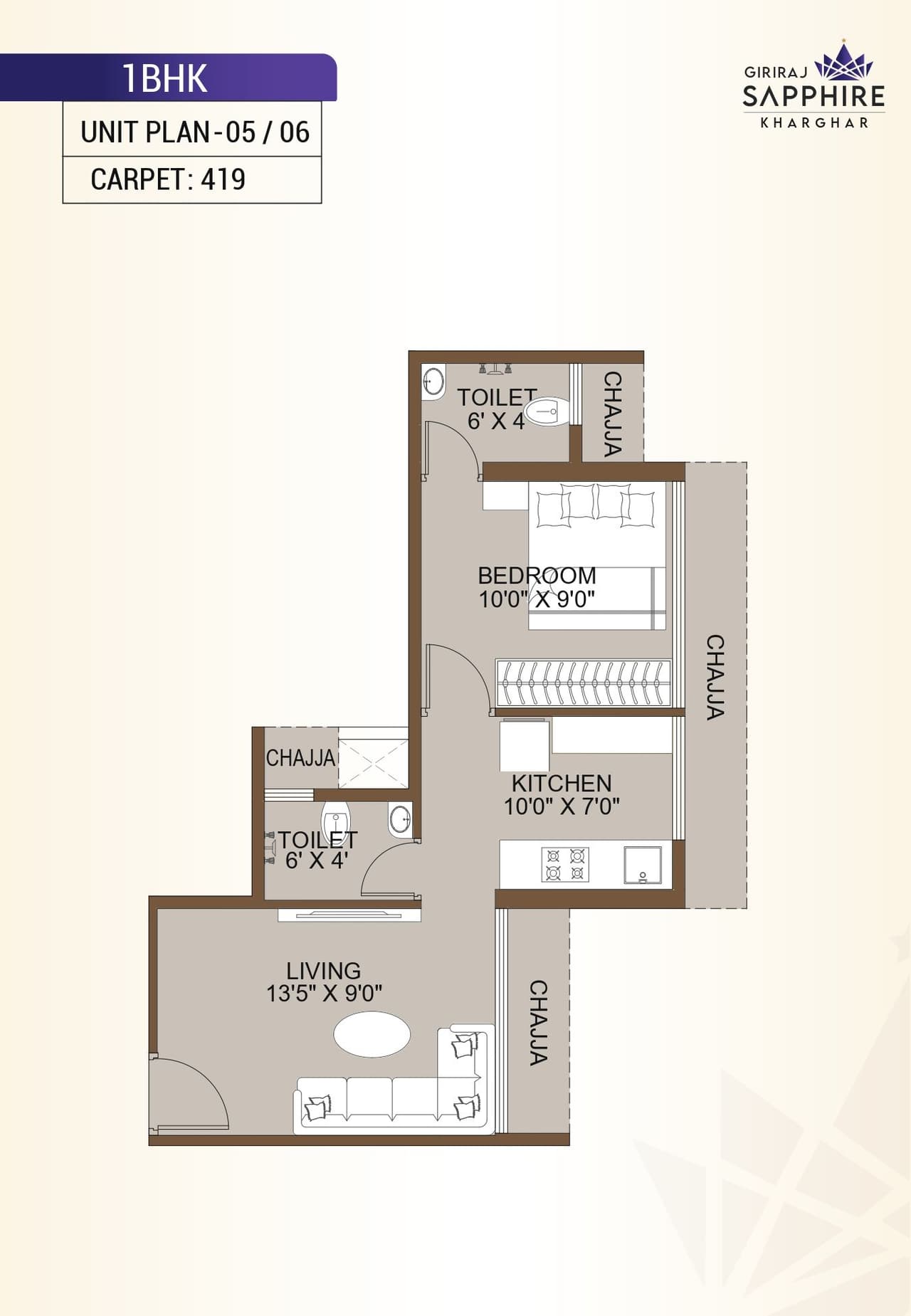 Giriraj Sapphire Unit plan - 419 sq.ft.