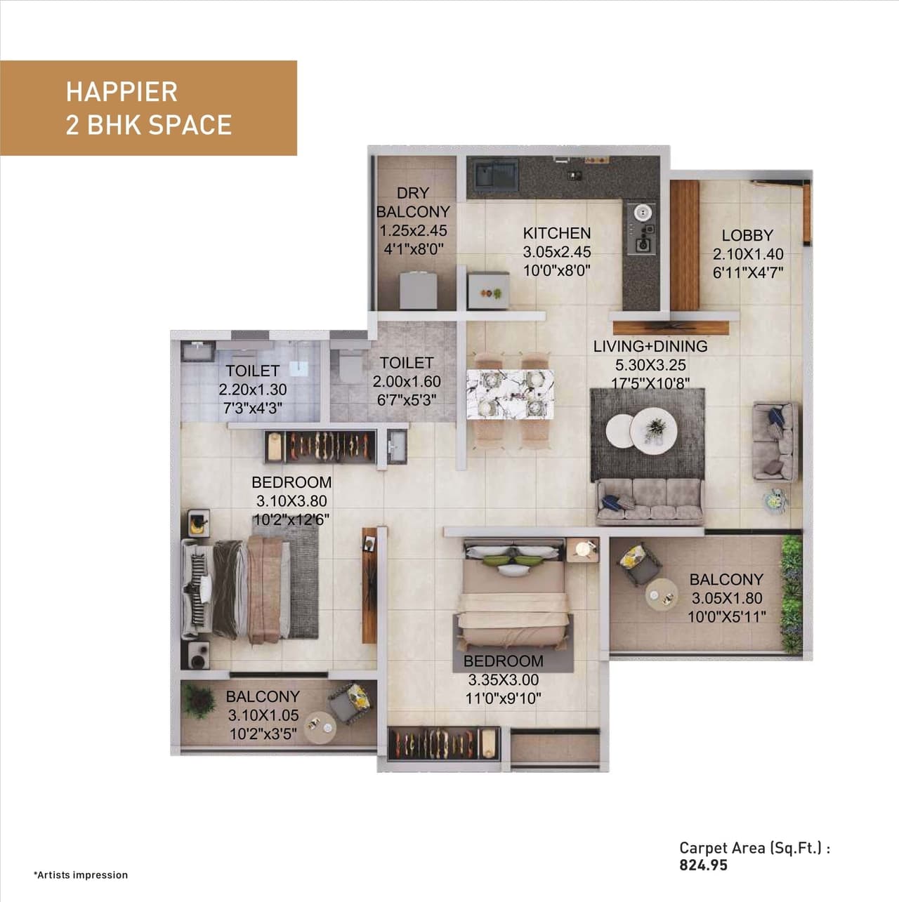 Divine Palm Springs Unit plan - 824 sq.ft.