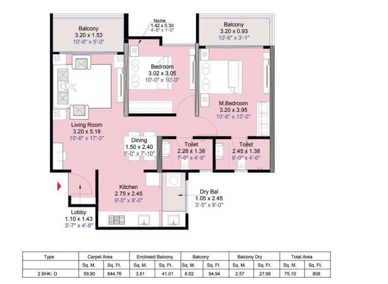 Kohinoor Central Park Unit plan - 808 sq.ft.