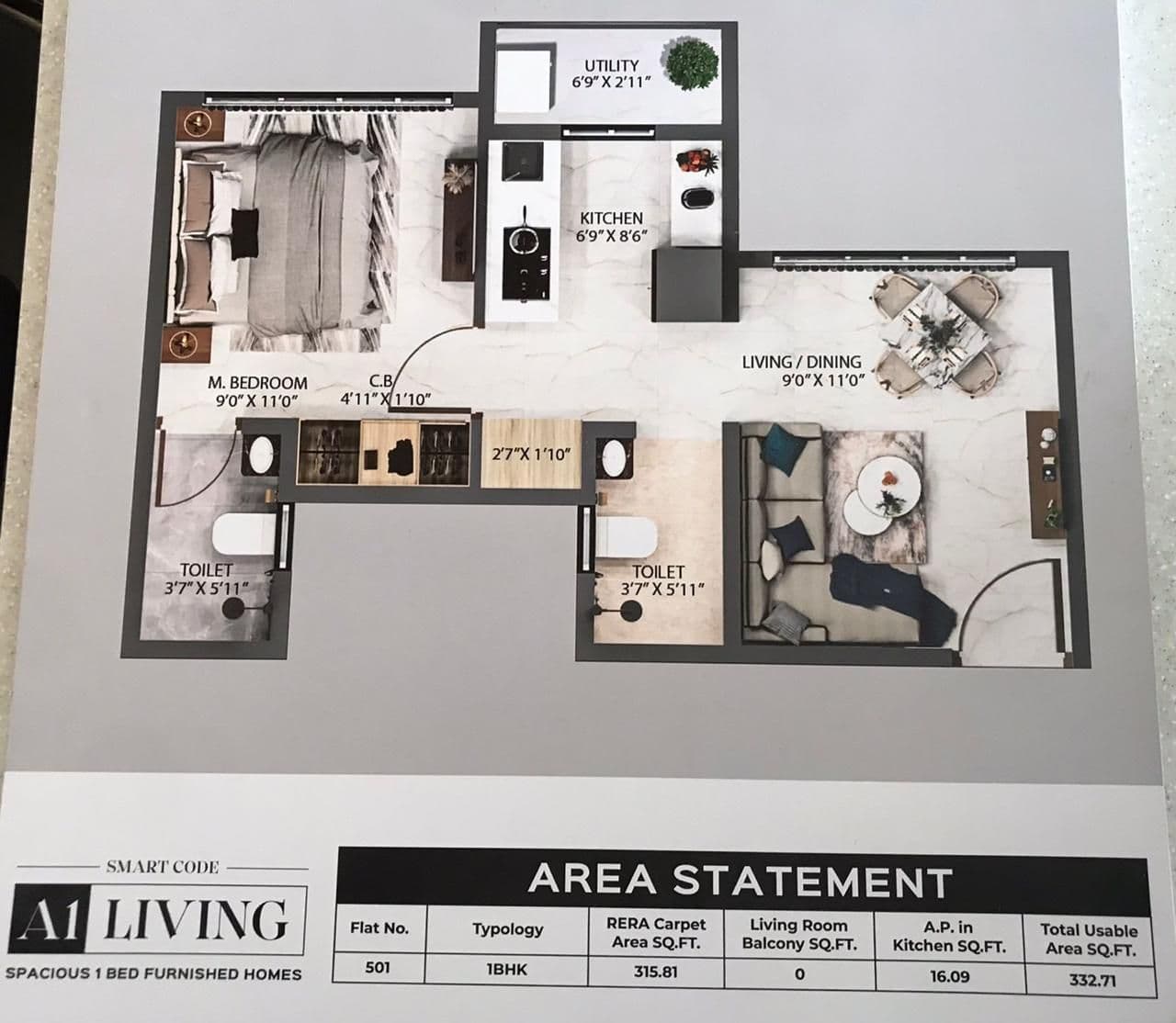 Aarav Subhash Residency Unit plan - 334 sq.ft.