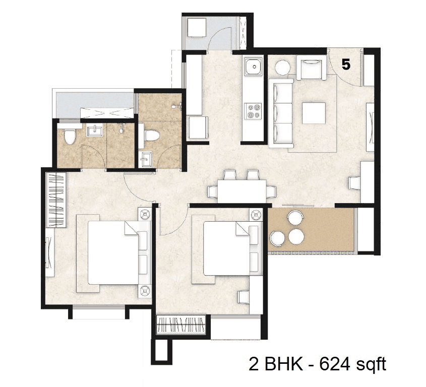Mahindra Happinest Tathawade Unit plan - 624 sq.ft.