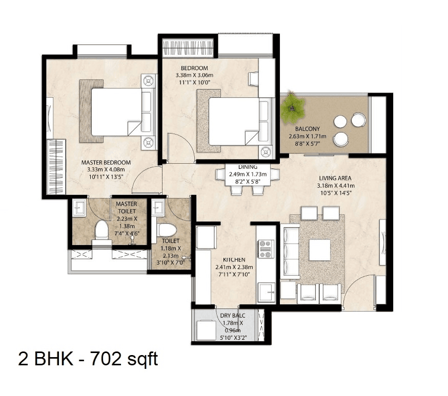 Mahindra Happinest Tathawade Unit plan - 702 sq.ft.