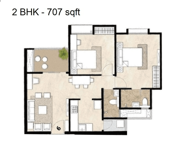 Mahindra Happinest Tathawade Unit plan - 707 sq.ft.