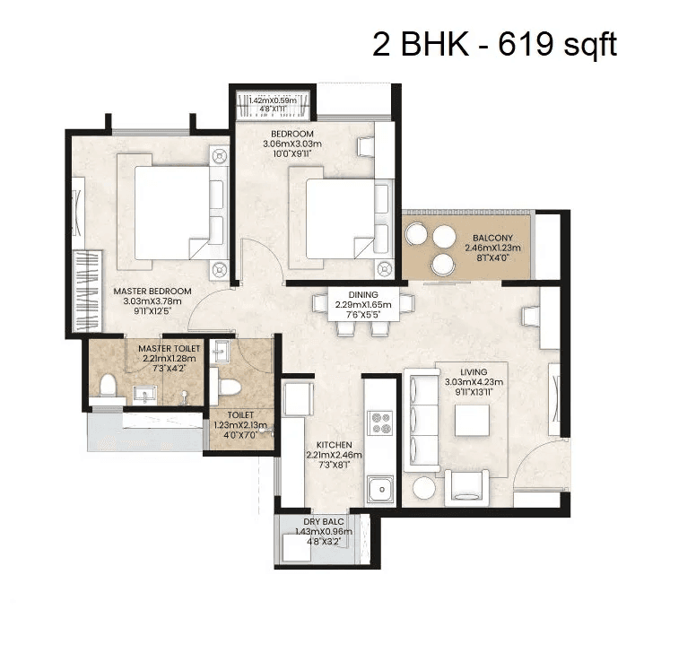 Mahindra Happinest Tathawade Unit plan - 619 sq.ft.