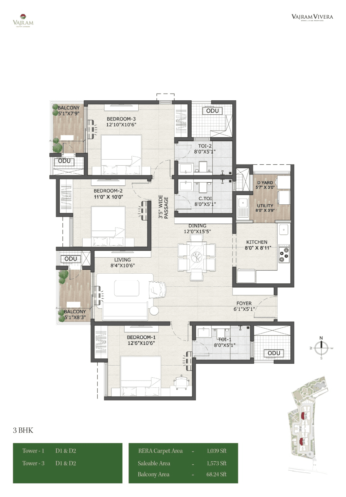 Vajram Vivera Unit plan - 1069 sq.ft.