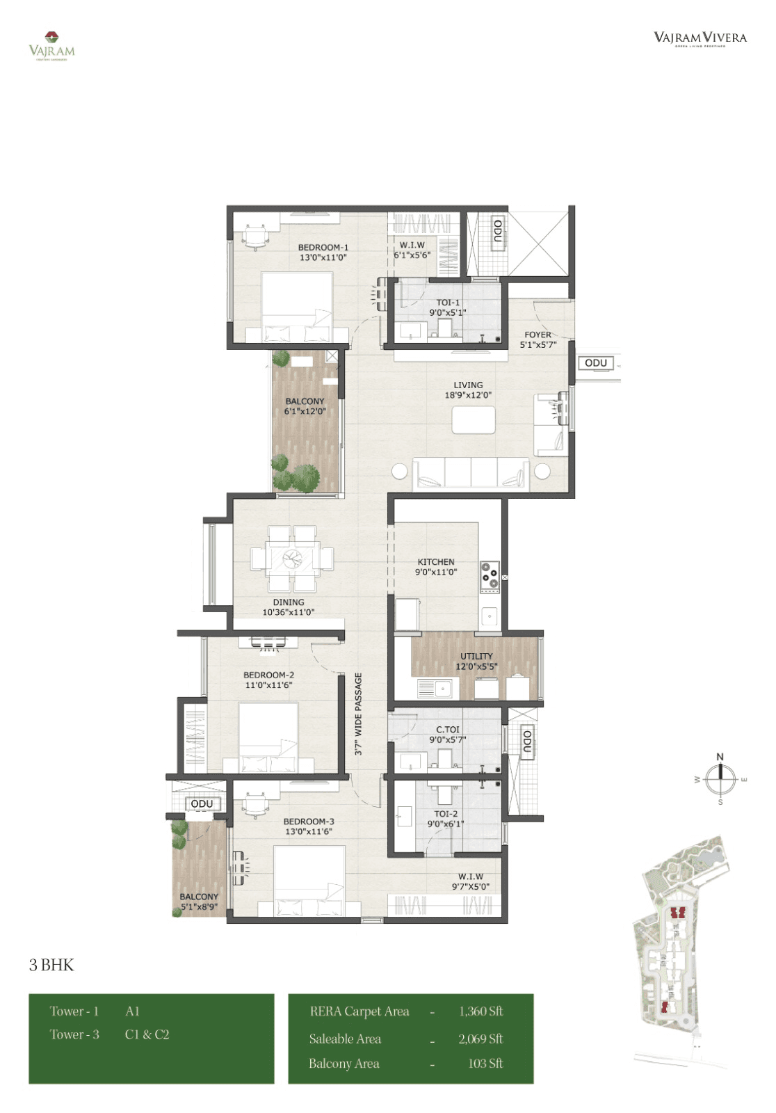 Vajram Vivera Unit plan - 1407 sq.ft.