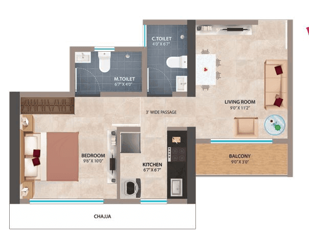 Vihang Thane Dreams Unit plan - 370 sq.ft.