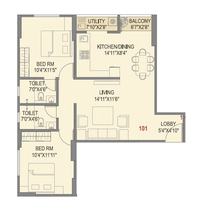 Skyrise Skyscape Unit plan - 733 sq.ft.