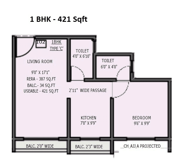 Wonder Infinity Unit plan - 421 sq.ft.
