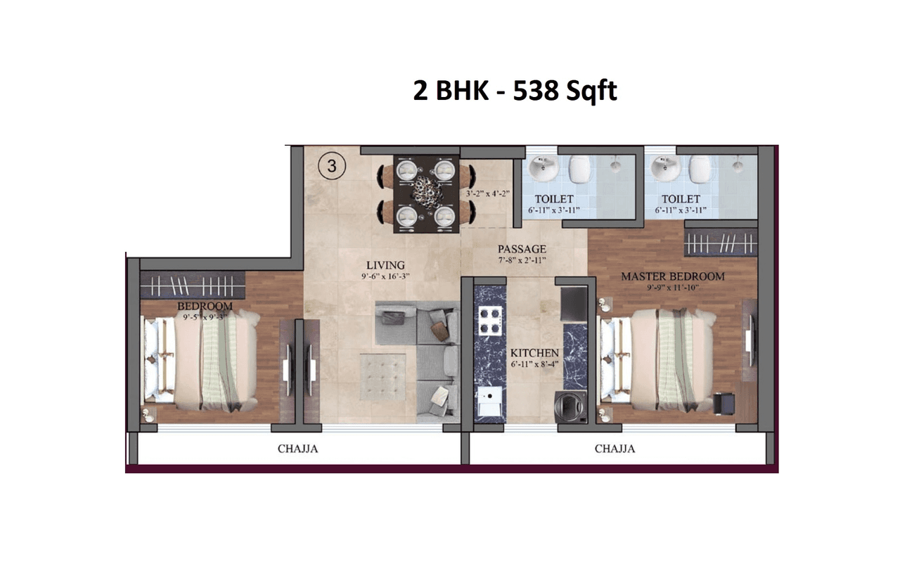 Dem Phoenix Unit plan - 538 sq.ft.
