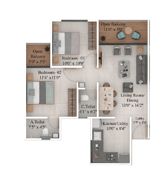 Sonigara The Unicorn Unit plan - 697 sq.ft.