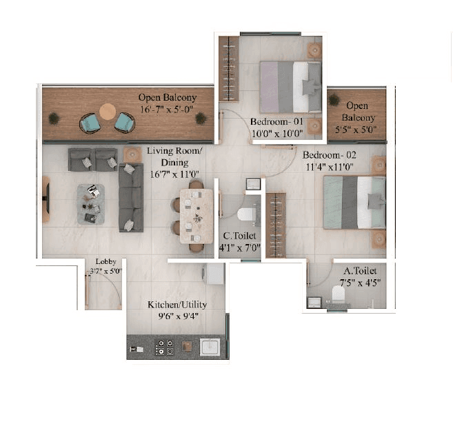 Sonigara The Unicorn Unit plan - 738 sq.ft.