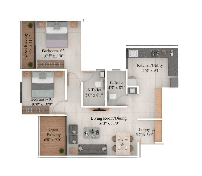 Sonigara The Unicorn Unit plan - 804 sq.ft.