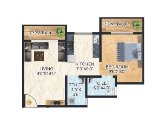 Queens Tower Phase 1 Unit plan - 411 sq.ft.