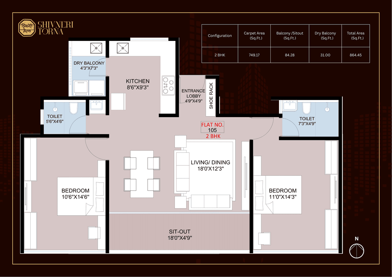 Deshpande Shivneri Torna Unit plan - 864 sq.ft.
