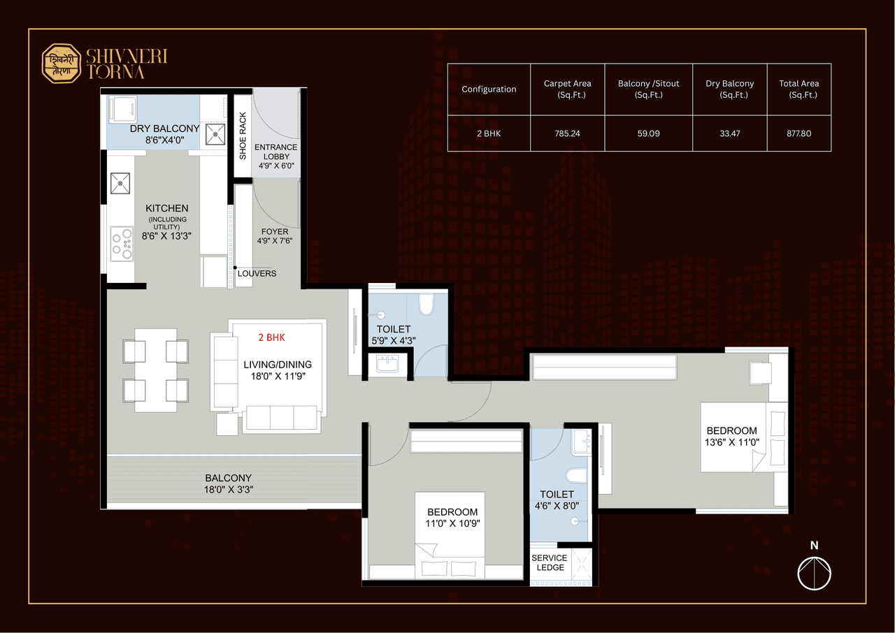 Deshpande Shivneri Torna Unit plan - 878 sq.ft.